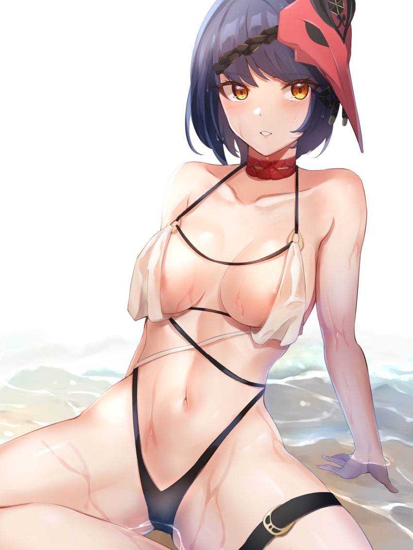 absurdres areola_slip areolae arm_support bangs bare_arms bare_shoulders black_hair blush breasts choker collarbone duplicate female genshin_impact halterneck haneramu highleg highleg_swimsuit highres in_water kujou_sara mask mask_on_head medium_breasts multiple_straps navel o-ring o-ring_swimsuit orange_eyes pixel-perfect_duplicate red_choker see-through_silhouette short_hair simple_background sitting solo swimsuit thigh_strap water wet wet_clothes wet_swimsuit white_background