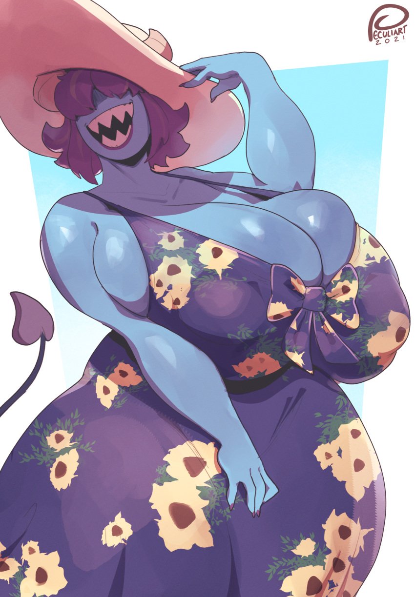 1girls big_breasts blue_skin breasts chubby_female cleavage clothed clothing dandy_demons dress duo fat female female_only fully_clothed hair_over_eyes huge_breasts humanoid large_breasts milf monster_girl peculiart sharp_teeth solo standing sue_(peculiart) thick_thighs venus_body voluptuous wide_hips