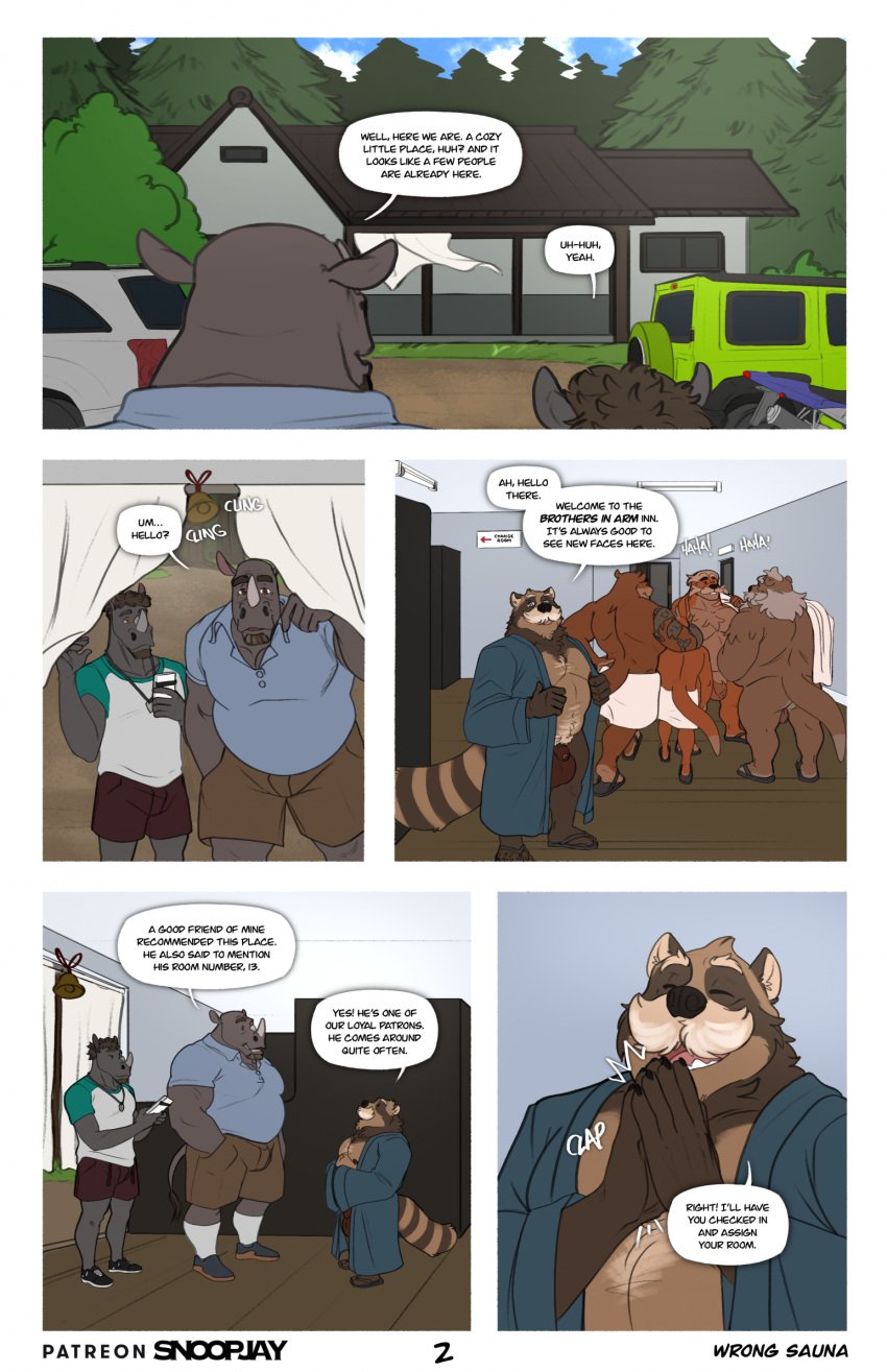 anthro balls big_balls canid canine casual_exposure comic dialogue easton_(snoopjay2) eugene_(snoopjay2) father_(lore) genitals hi_res male mammal mustelid otter parent_(lore) penis raccoon_dog rhinoceros snoopjay2 son_(lore) tanuki