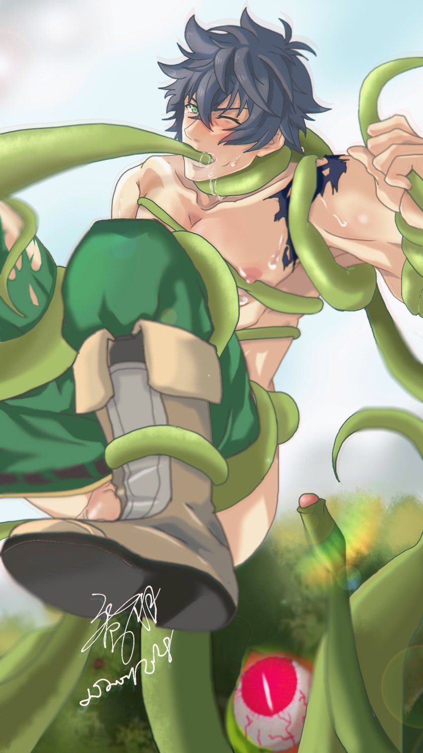 1boy anal being_undressed boy_rape gay green_eyes green_tentacles humansub iwatani_naofumi male male_only male_rape_victim malesub monster_on_male nested_tentacles outdoors restrained tate_no_yuusha_no_nariagari tentacle tentacle_in_mouth tentacle_on_male tentacle_rape tentacle_suspension torn_clothes yaoi