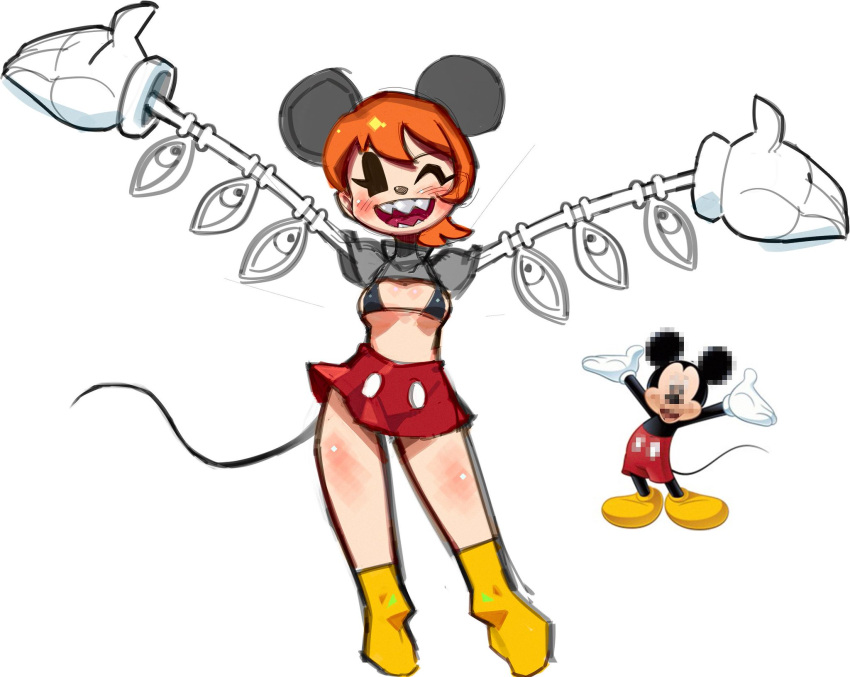 bikini_top breasts censored_clothing censored_face cheez chi-iz comedic_censorship cosplay cute disney ear female legs mickey_mouse mickey_mouse_(cosplay) mosaic_censorship orange_hair peacock_(skullgirls) sharp_teeth skirt skullgirls small_breasts socks white_background wink