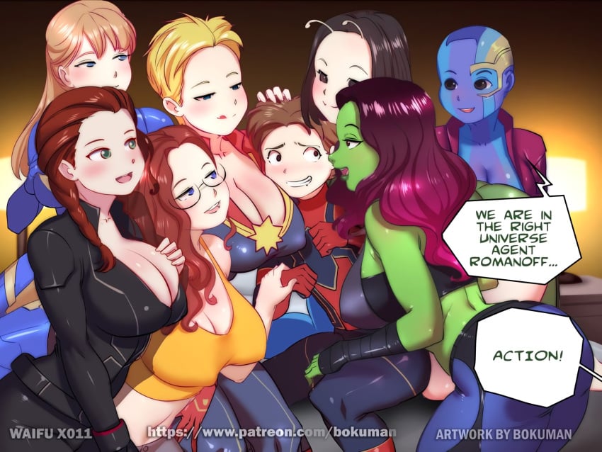 1boy 2d 7girls age_difference alien alien_girl alien_look_like_human alpha_male alternate_version_available avengers behind_the_scenes big_breasts black_widow_(marvel) bokuman breasts bulge captain_marvel carol_danvers cleavage dialogue director english english_text female female_focus gamora gangbang green-skinned_female green_skin guardians_of_the_galaxy harem human humanoid imminent_sex incest interspecies iron_man_(series) large_breasts male mantis_(marvel) marvel marvel_cinematic_universe may_parker multiple_girls natasha_romanoff nebula_(marvel) nipple_bulge older_female pepper_potts peter_parker princess reverse_gangbang royalty speech_bubble spider-man spider-man_(series) straight straight_hair text younger_male zehoberei