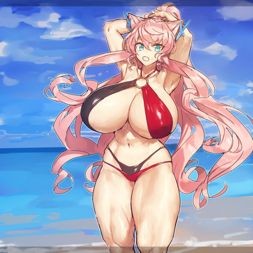 abs armpits arms_behind_head arms_up beach big_breasts bikini blue_eyes cleavage curvy fixing_hair huge_breasts long_hair looking_at_viewer maria_cadenzavna_eve melon22 muscular muscular_female muscular_thighs pink_hair senki_zesshou_symphogear sweatdrop thick_thighs