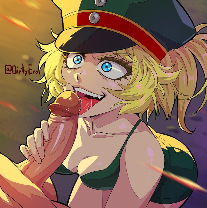 1boy 1girls big_penis blonde_hair blue_eyes cap cleavage crazy_eyes crop_top dirtyero_(artist) fangs fellatio female female_focus green_shorts licking licking_penis little_girl male medium_breasts military_hat open_mouth oral petite petite_body petite_female saliva short_girl shorts solo_focus straight tanya_degurechaff tongue_out youjo youjo_senki