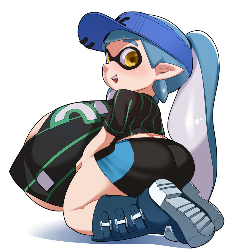 1girls ass big_ass big_breasts bike_shorts blue_hair breasts fat_ass female female_only giant_breasts huge_breasts hyper hyper_breasts inkling looking_at_viewer looking_back massive_breasts naze nintendo pointy_ears short_shorts shorts shortstack smile solo splatoon thick_ass tight_shorts top_heavy yellow_eyes