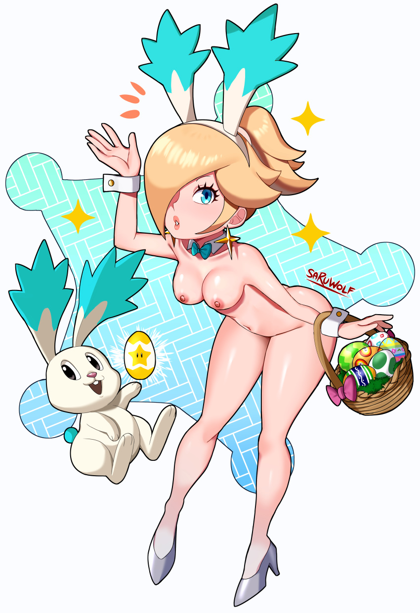 areolae ass basket bent_over bimbo blonde_hair blue_eyes bow bowtie breasts bunny_ears collar earrings egg eyelashes fake_animal_ears female female_focus hair_over_one_eye high_heels highres lagomorph leporid mario_(series) naked_footwear naked_heels nintendo nipples nude one_eye_covered parted_lips ponytail princess_rosalina rabbit sarukaiwolf shoes star_bunny star_bunny_(cosplay) super_mario_galaxy thick_thighs thighs