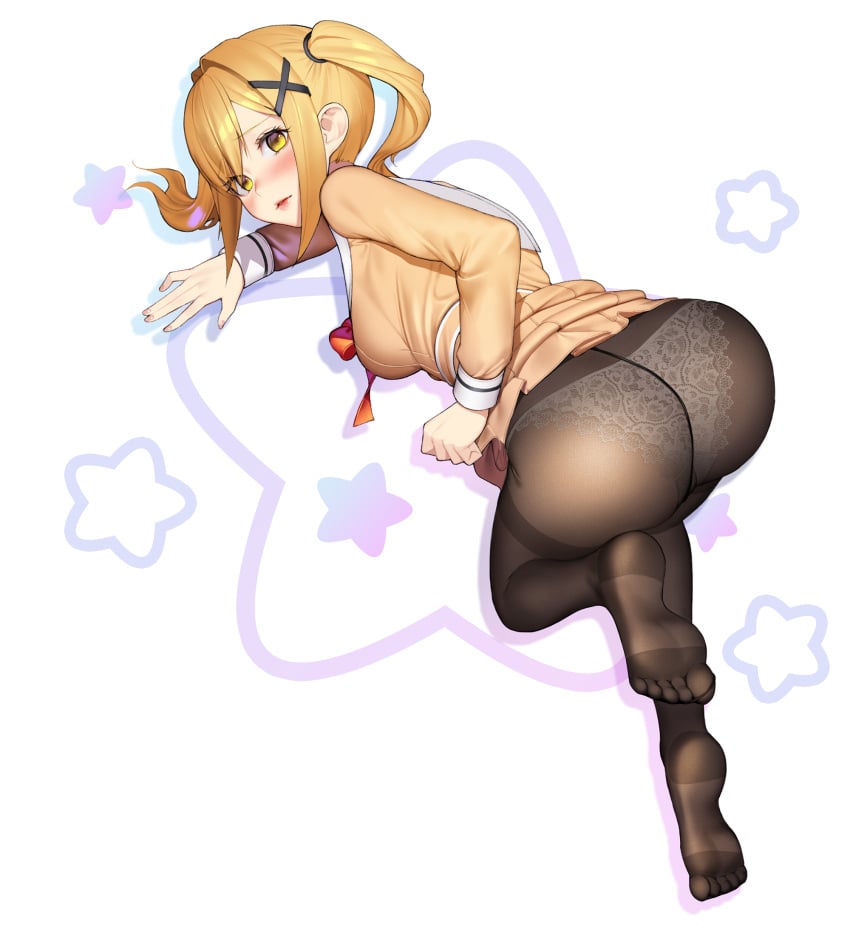 all_fours arm_support ass bang_dream! bangs blonde_hair blush breasts brown_dress brown_legwear clothes_lift commentary commission crotch_seam dress dress_lift drop_shadow eyebrows_visible_through_hair feet feet_up female fingernails from_above from_behind full_body hair_ornament hair_tie hanasakigawa_school_uniform hand_up highres ichigaya_arisa lace lace_panties lifted_by_self long_hair long_sleeves looking_at_viewer looking_back medium_breasts migu_(iws2525) neck_ribbon no_shoes nose_blush panties panties_under_pantyhose pantyhose parted_lips pleated_dress raised_eyebrows red_neckwear red_ribbon ribbon sailor_collar sailor_dress school_uniform shiny shiny_hair soles solo star_(symbol) starry_background thighband_pantyhose toes twintails underwear white_background white_panties white_sailor_collar x_hair_ornament yellow_eyes