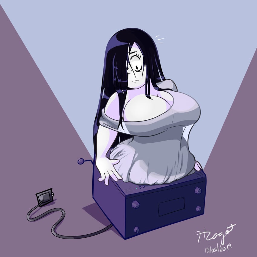 1girls 2020 2d bare_shoulders big_breasts black_eyes black_hair breasts cleavage coming_out_of_tv curvy dated electronics hair_over_one_eye huge_breasts long_hair looking_down magotthemaggot onryo pale-skinned_female pale_skin simple_background solo surprise television the_ring through_screen watermark white_skin yamamura_sadako