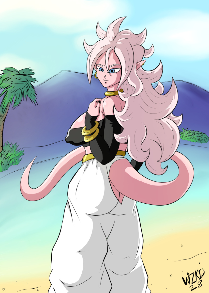 1girls 2010s android_21 android_21_(good) baggy_pants beach big_breasts bio-android_(dragon_ball) blue_eyes bracelet breasts dragon_ball dragon_ball_fighterz female hoop_earrings humanoid light_persona long_hair looking_back majin majin_android_21 monster_girl necklace pink_skin pointy_ears tail white_hair wizkid28