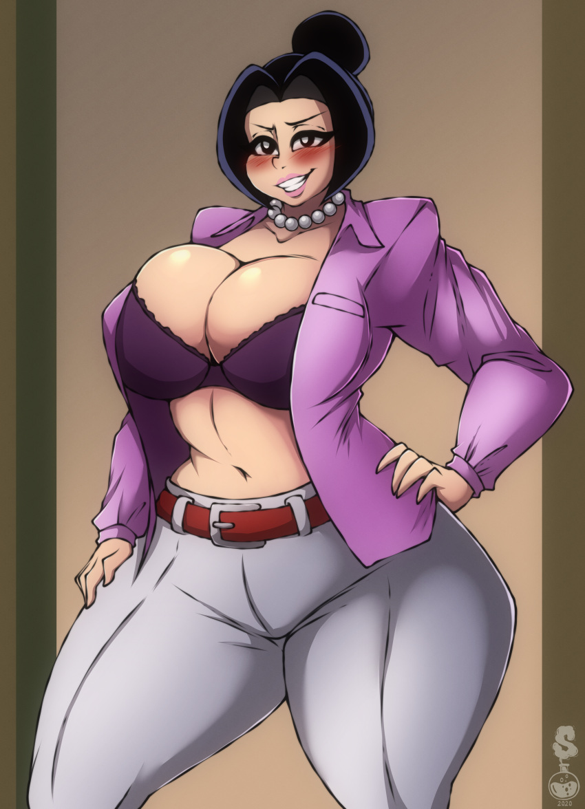 1girls belly_button belt big_breasts black_hair blush bra breasts button_down_shirt chichi chichi_(bulma's_party) cleavage dragon_ball dragon_ball_super dragon_ball_z female female_only hair_bun hand_on_hip huge_breasts human human_female large_breasts lipstick looking_at_viewer milf navel open_shirt pants pearl_necklace shounen_jump solo solo_female superix thick_thighs tight_clothing wide_hips