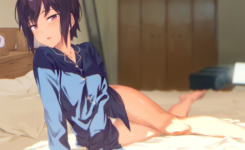 1girls bare_legs bed bedroom black_hair blush female female female_focus female_only kinta_(distortion) looking_at_viewer on_bed panties pink_eyes shirt shirt_only short_hair white_panties wringing_clothes