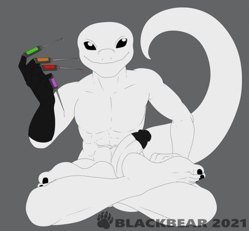 5_toes albino anthro athletic athletic_anthro athletic_male big_feet black_eyes black_nails blackbear circumcised circumcision_scar clothing colored_nails crossed_legs drugs erection feet gecko genital_scar genitals glans gloved gloves handwear humanoid_feet humanoid_genitalia humanoid_penis leucistic lizard male nails needle_(disambiguation) penis reptile scalie scar sitting smile smirk solo solo_focus syringe thick_tail toes white_body