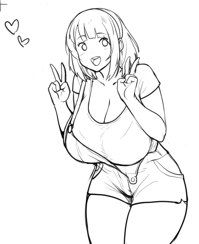 big_breasts errorkazoo female huge_breasts monochrome overalls rina_atherina_(errorkazoo) sketch smile solo