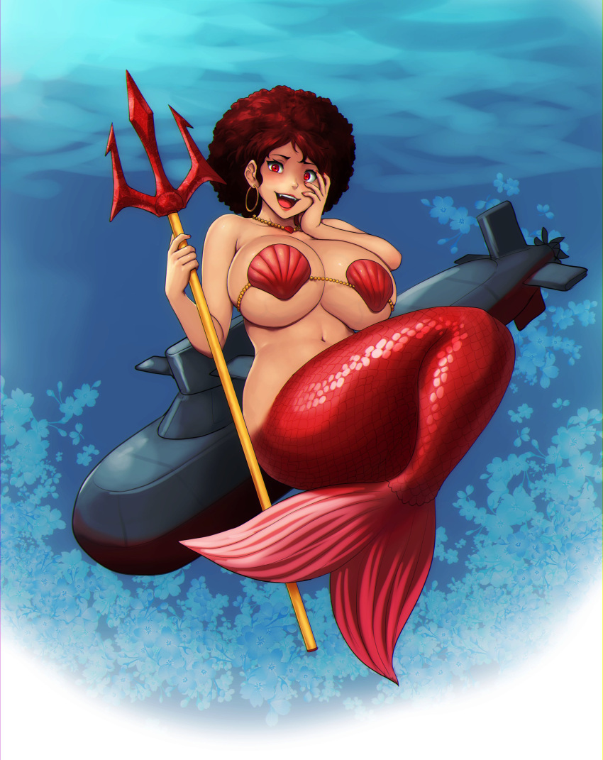 big_breasts brown_hair errorkazoo huge_breasts mermaid original red_eyes submarine tan_skin trident underwater