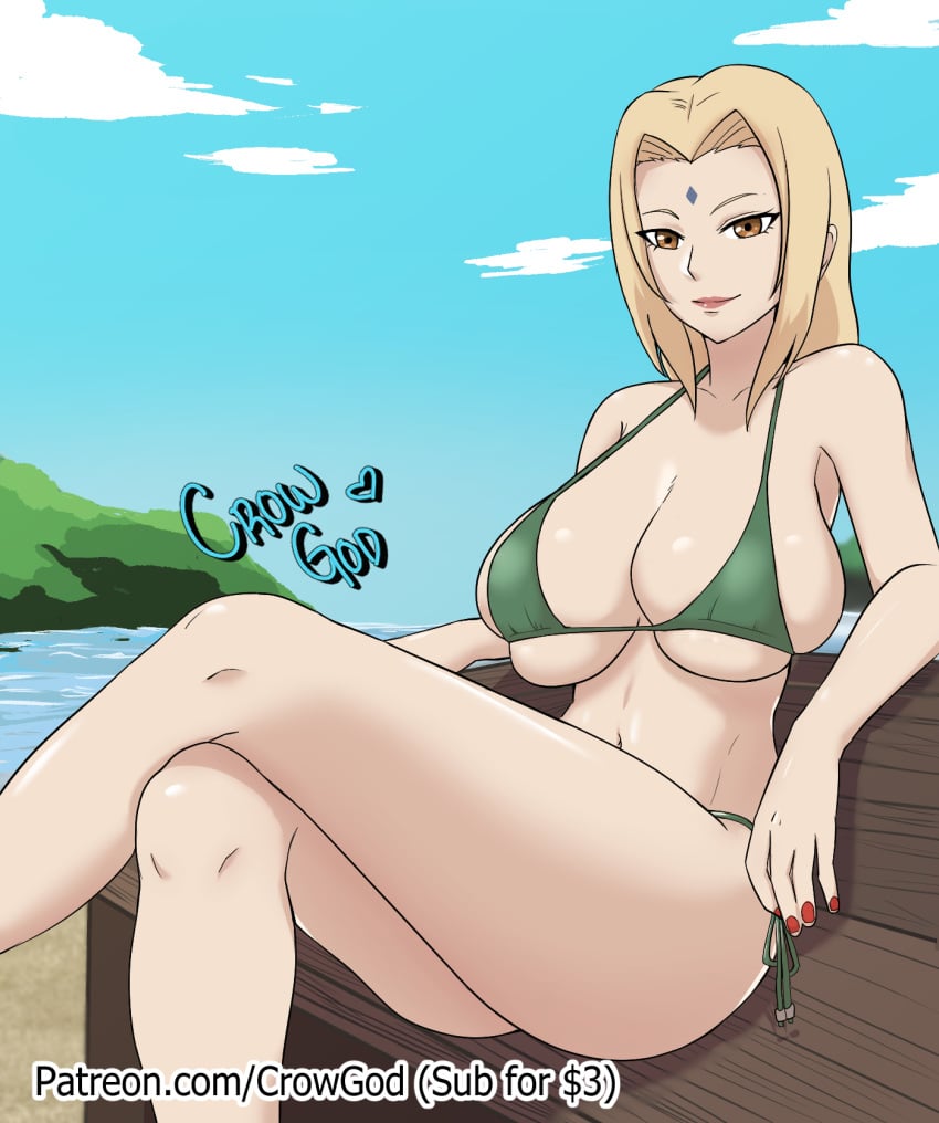 1girls alternate_version_available ass beach big_breasts big_butt big_thighs bikini blonde_hair boruto:_naruto_next_generations clothed clothed_female clothes clothing crossed_legs crowgod female female_only fully_clothed lord_socar naruto naruto_shippuden orange_eyes red_nails side-tie_bikini sitting solo swimsuit tattoo thighs tsunade white_skin yellow_hair