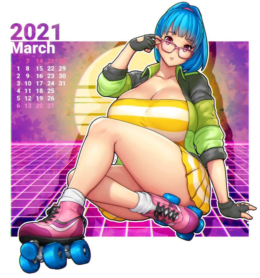 2021 big_breasts blue_hair breasts calendar_(medium) errorkazoo female huge_breasts looking_at_viewer march_(month) partially_clothed red_eyes rina_atherina_(errorkazoo) roller_skates skirt solo