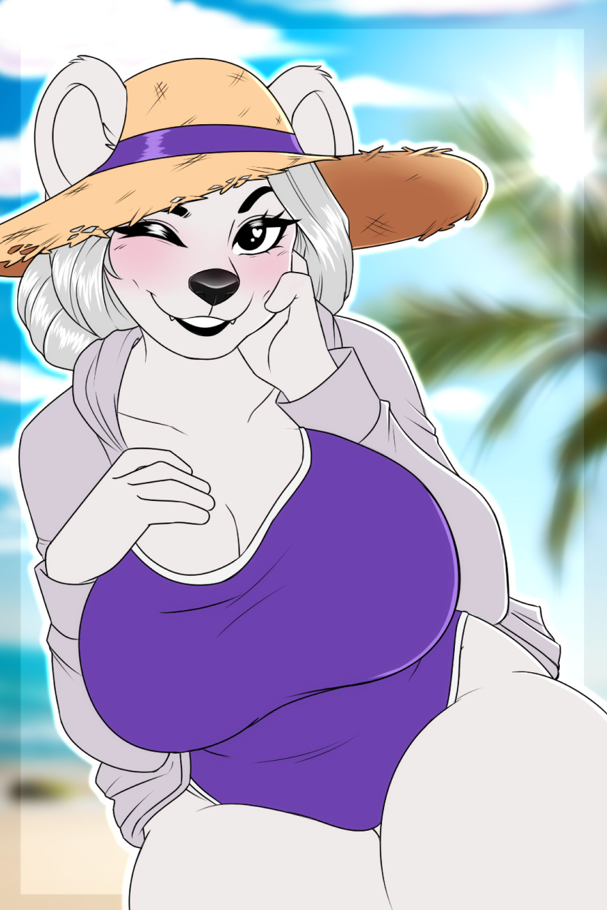 1girls beach blush furry hoodie hyperiontrash large_breasts mature_female polar_bear solo straw_hat swimsuit thick_thighs