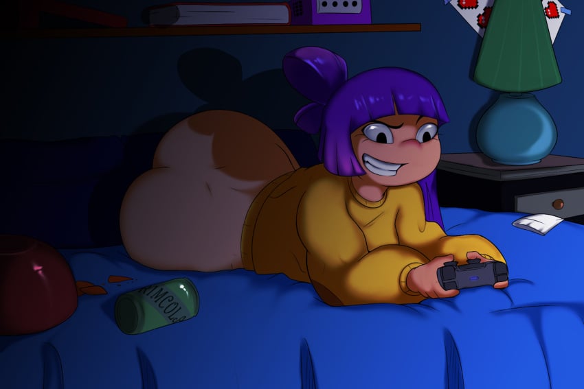 1girls ass bed bedroom big_ass bottomless chips controller female female_only gamer_girl gaming glitch_techs grin heart lamp miko_kubota nickelodeon no_pants oddrich purple_hair smooth_skin soda solo_female sweater sweater_only tagme yellow_sweater