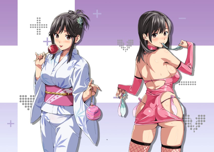 2012 ass before_and_after black_hair blush breasts bridal_gauntlets brown_hair candy_apple cheating condom condom_accessories condom_belt condom_in_mouth condom_packet_strip condom_wrapper corruption dual_persona female fishnets food hair_up halterneck highres holding holding_condom japanese_clothes kimono large_breasts looking_back love_plus mouth_hold multiple_condoms parody photoshop_(medium) sash sideboob skindentation slutty_outfit sweat takane_manaka takeda_hiromitsu thighhighs thong title_parody tongue tongue_out used_condom yukata