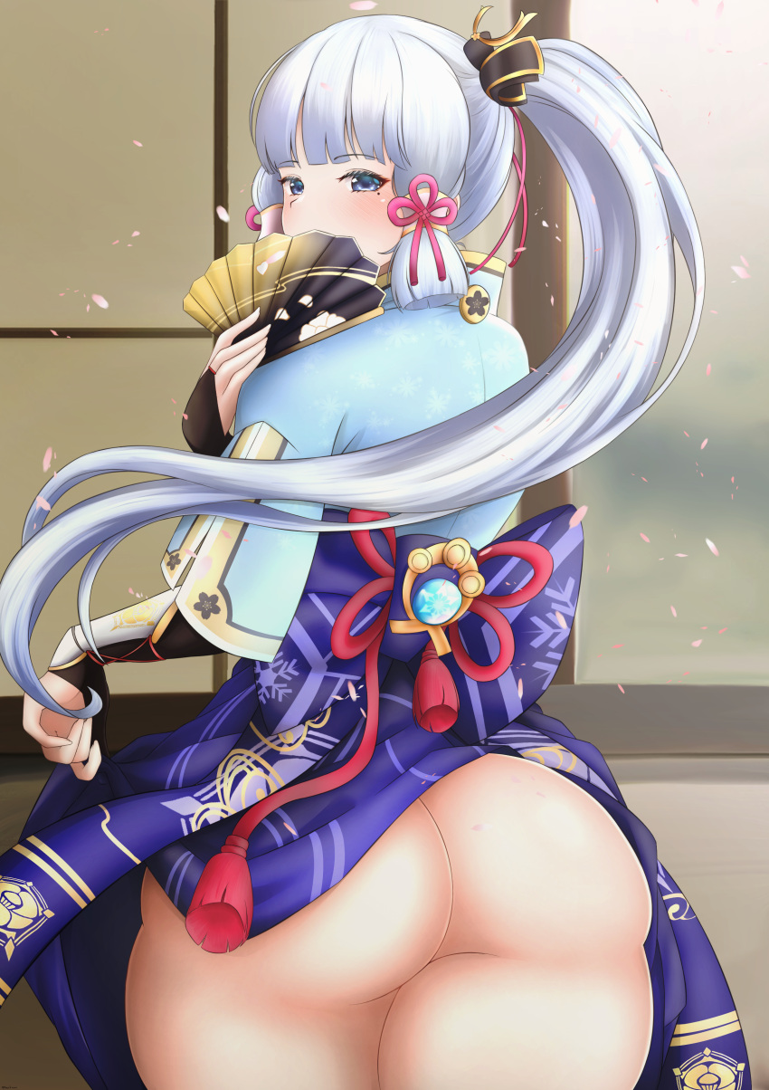 1girls alternate_version_available ass big_ass big_butt blue_eyes blue_hair butt female female_only genshin_impact kamisato_ayaka kimono long_hair looking_back mhaknow mole mole_under_eye no_panties ponytail solo solo_female thick thick_ass