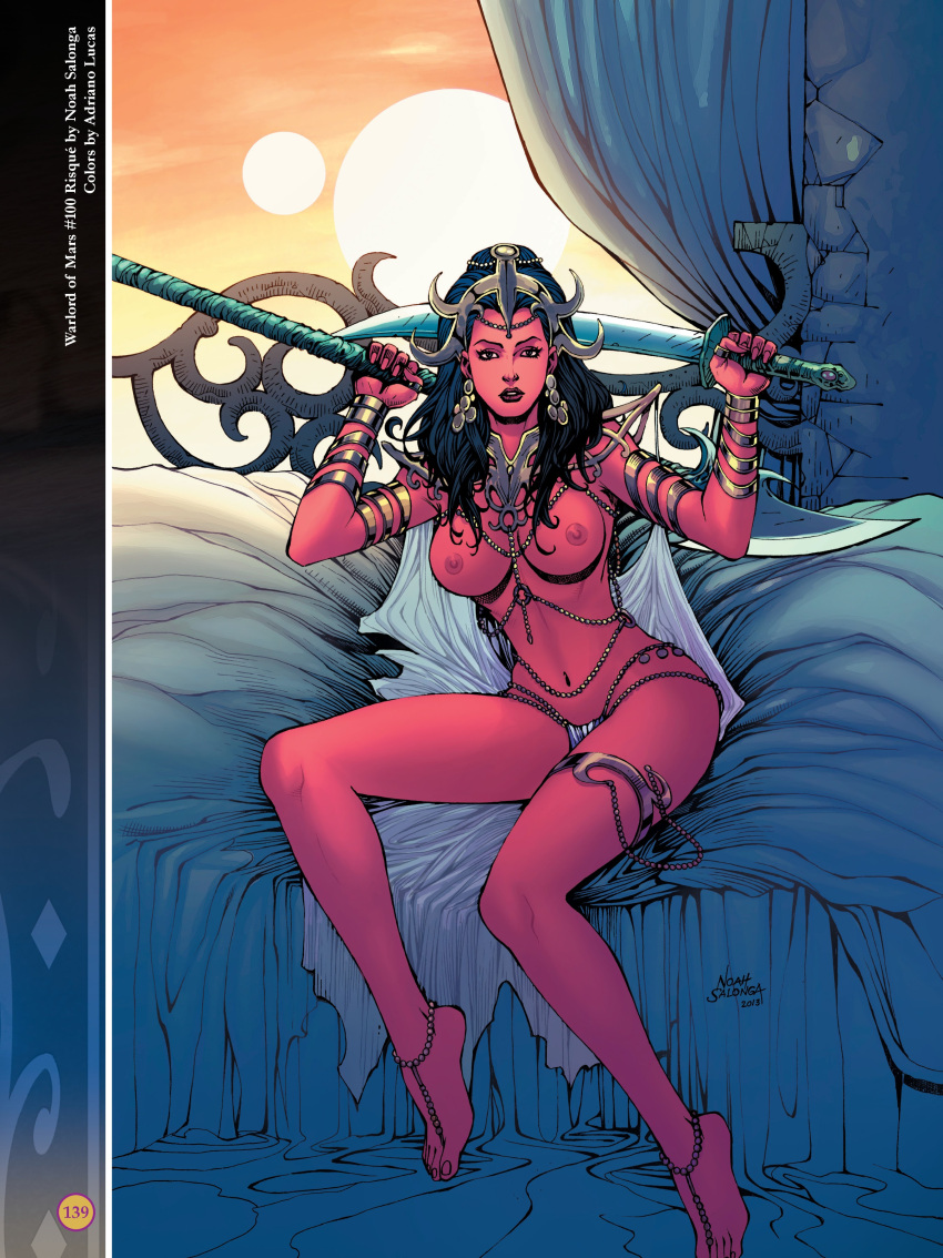 a_princess_of_mars adriano_lucas areolae armlet barsoom bed black_hair bracelet breasts dejah_thoris fit_female headdress holding_weapon hourglass_figure john_carter_of_mars large_breasts loincloth long_hair looking_at_viewer martian nipples noah_salonga official_art pink_skin royalty shoulder_armor sitting sitting_on_bed sword