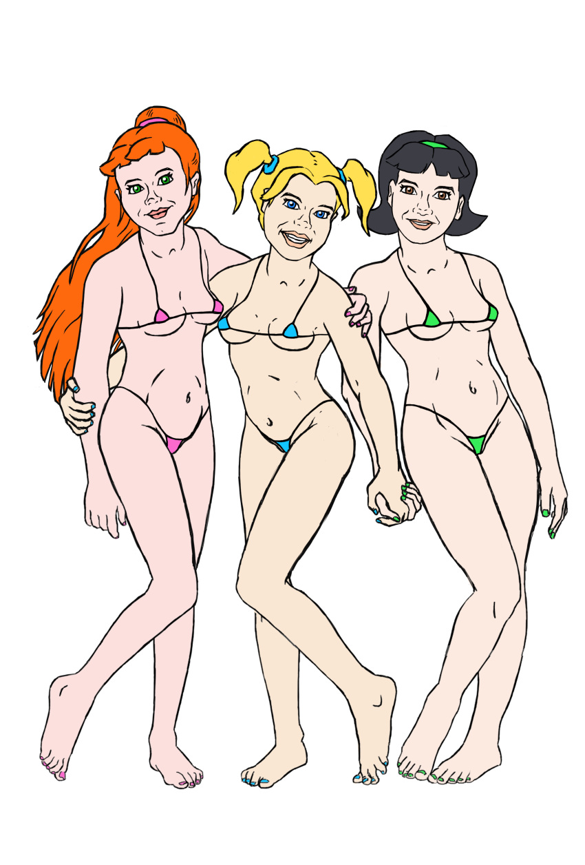 blossom_(powerpuff_girls) bubbles_(powerpuff_girls) buttercup_(powerpuff_girls) powerpuff_girls sallyx string_bikini white_background