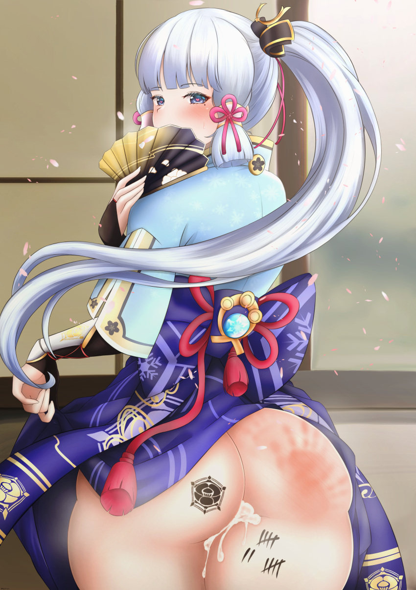 1girls ass big_ass big_butt blue_eyes blue_hair body_writing butt cum cum_in_pussy cum_inside female female_only genshin_impact heart-shaped_pupils kamisato_ayaka kimono long_hair looking_back mhaknow mole mole_under_eye ponytail slap_mark solo solo_female thick thick_ass