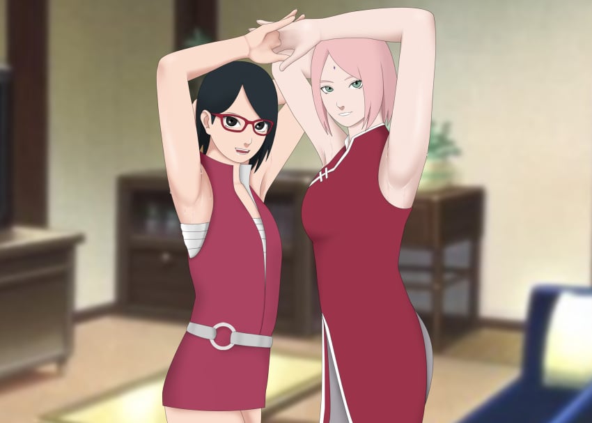 2girls armpit_crease armpit_fetish armpits arms_behind_head arms_up black_eyes black_hair blurry_background boruto:_naruto_next_generations clothing commission commissioner_upload daughter deep_armpits facial_mark female female_only forehead_jewel forehead_mark green_eyes hand_up hands_clasped hands_together hands_up high_resolution holding_hands invitation inviting inviting_to_sex kunoichi milf mother mother_and_daughter multiple_girls naruto naruto_(series) pink_hair presenting_armpit red-framed_glasses red_blouse red_outfit red_shirt sakura_haruno sarada_uchiha seducing seduction seductive seductive_look seductive_pose seductive_smile sexually_suggestive shirt short_hair showing_armpits sleeveless sleeveless_blouse sleeveless_duster sleeveless_shirt smelly_armpits smile smooth_armpits suggestive_look sweaty_armpits