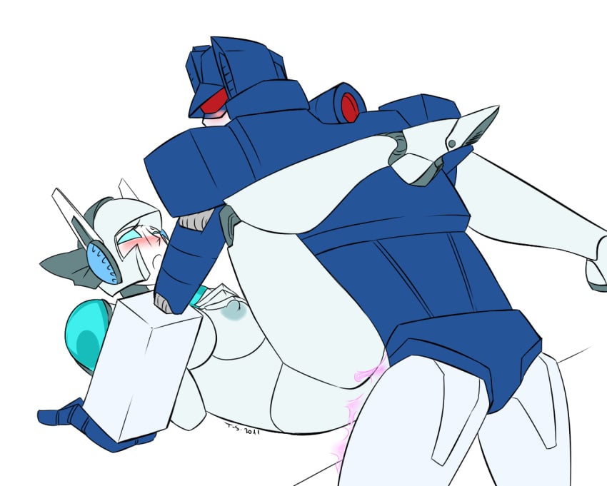 1boy 1girls alien alien_girl ambiguous_penetration blue_eyes blush blushing boobs breasts cybertronian fan_character grey_nipples machine medium_breasts nipples robot robot_girl simple_background soundwave tits tora-shiromaru transformers visor white_background