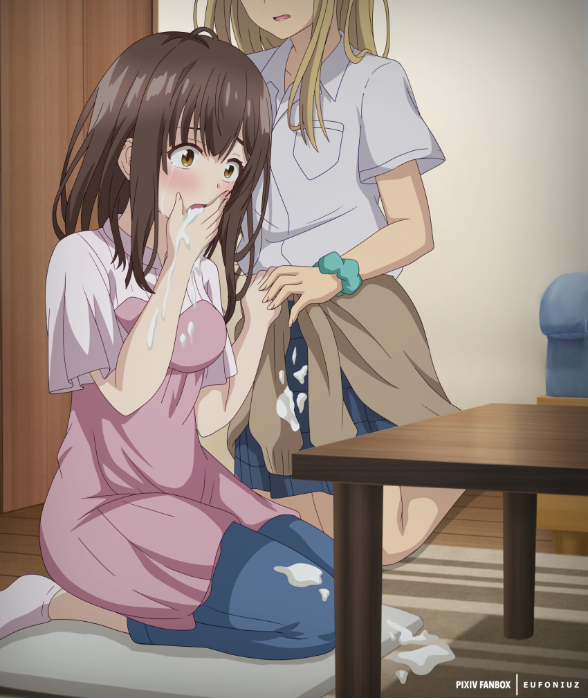 2girls blush brown_eyes brown_hair clothed cum cum_in_mouth cum_inside cum_on_clothes cum_on_floor eufoniuz eufoniuzz female female_only hige_wo_soru._soshite_joshikousei_wo_hirou. jacket long_hair multiple_girls ogiwara_sayu shocked skirt yuuki_asami