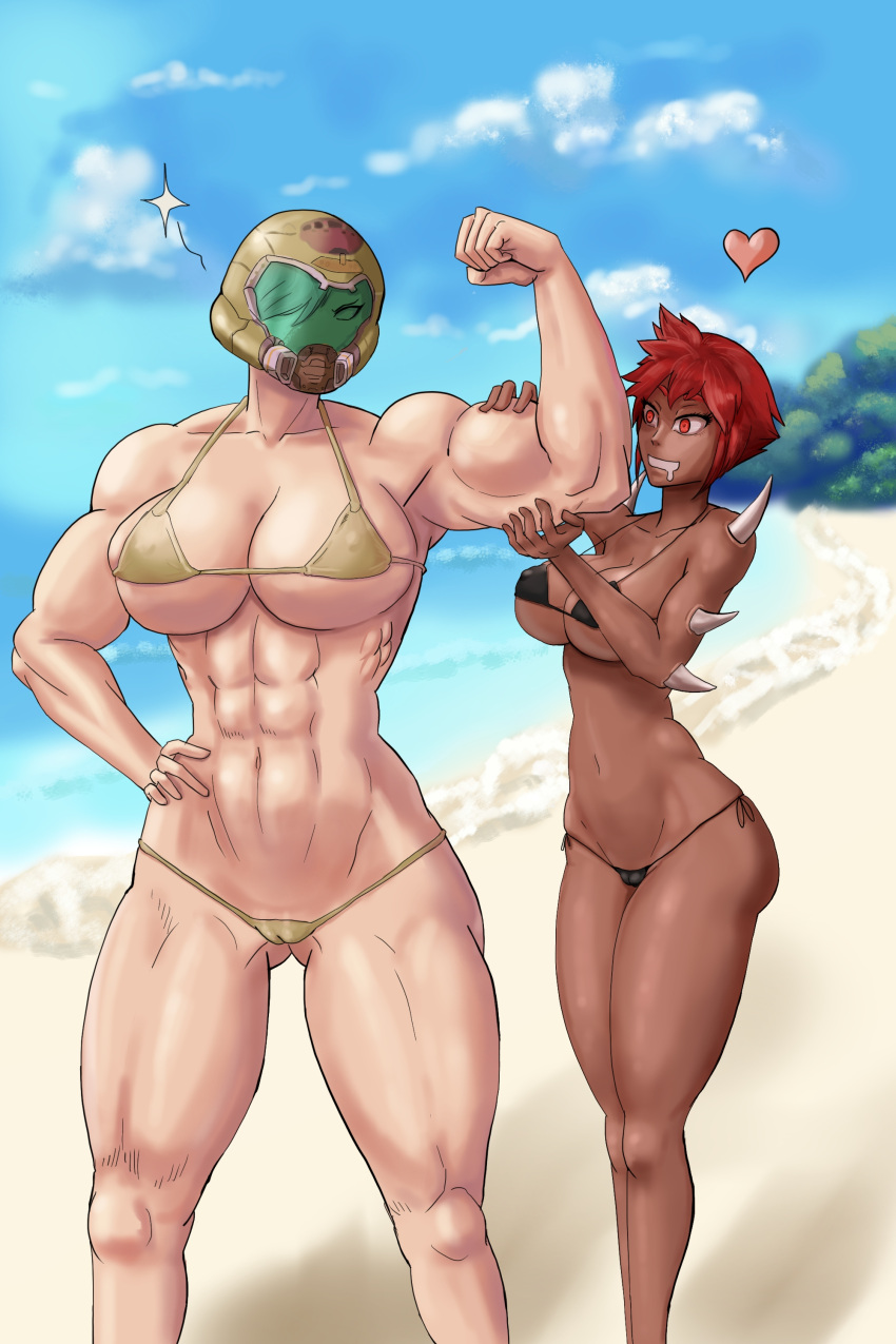 2girls abs arm_spikes ass_visible_through_thighs beach biceps big_breasts black_bikini cameltoe dark-skinned_female demon_girl doom doom_slayer_(doom) elbow_spikes female_only flexing green_bikini green_helmet hdoom helmet imp-tan imp_(doom) large_breasts larger_female muscle_worship muscular_female muscular_thighs outraged_(artist) red_hair rule_63 short_hair short_red_hair shoulder_spikes skimpy_bikini smaller_female string_bikini sunny yuri