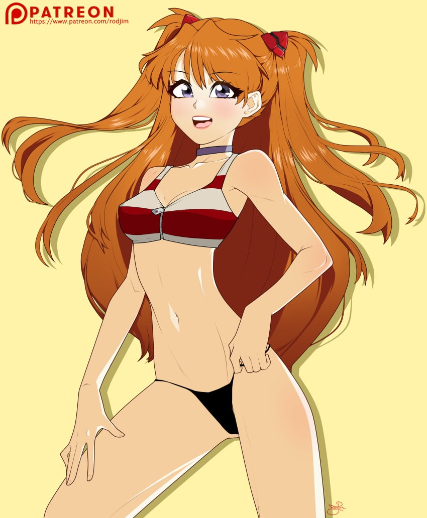 asuka_langley_sohryu bikini_bottom bikini_top blush choker hair_ornament long_hair neon_genesis_evangelion red_hair rodjim small_breasts swimsuit twintails