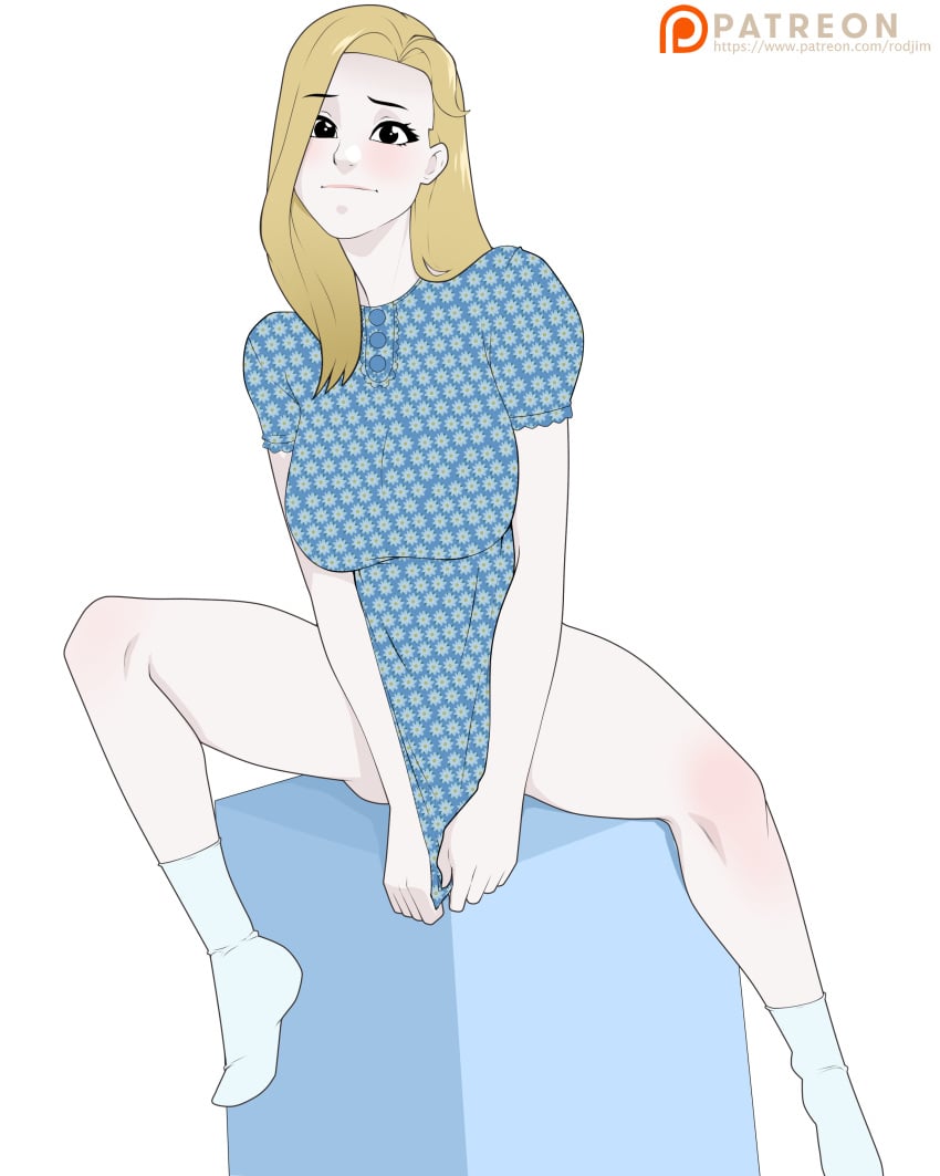 1girls blonde_hair blue_dress female legs_apart meme rodjim sitting tradwife white_skin white_socks wojak_comics