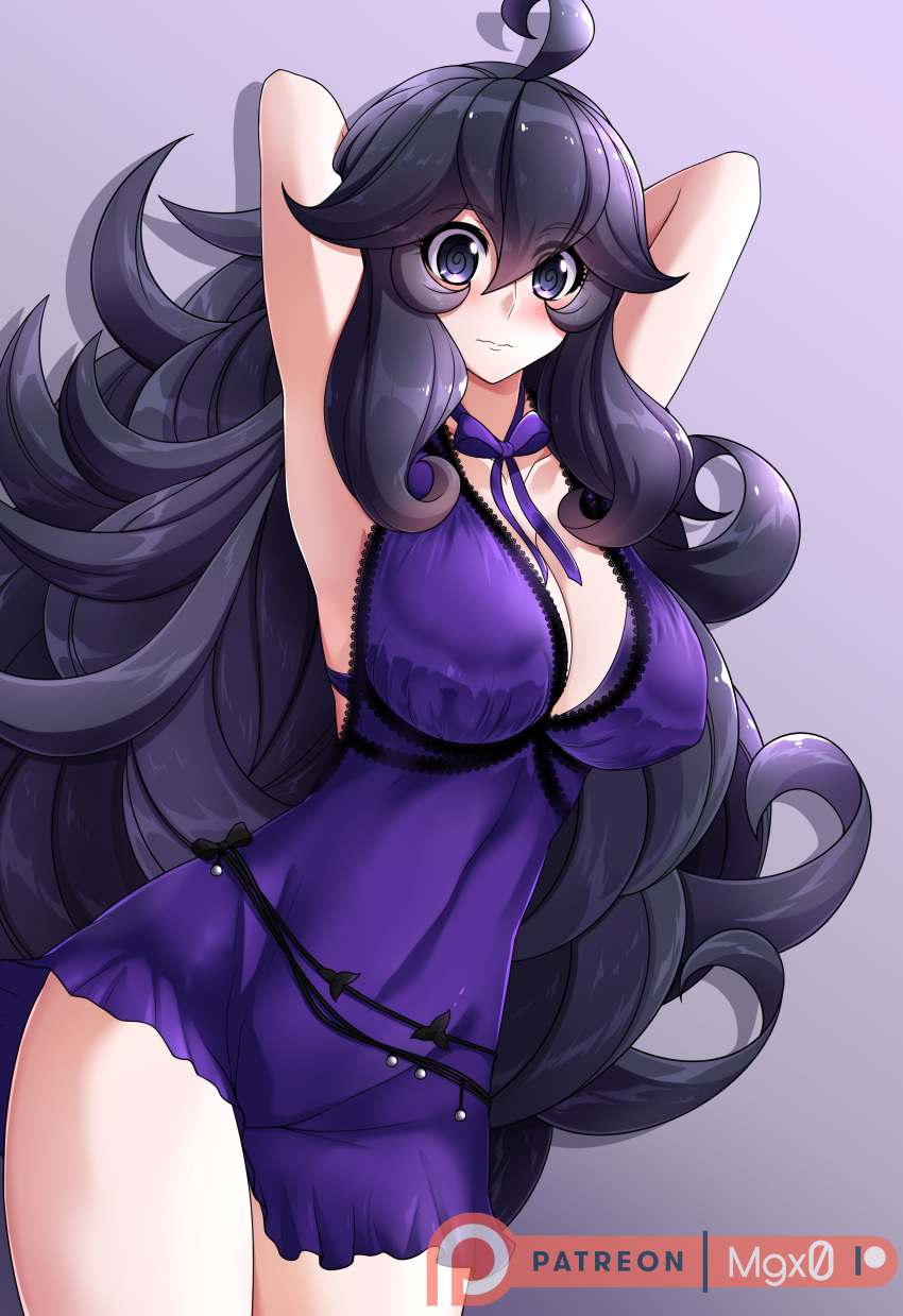 1girls big_breasts breasts cleavage dress hex_maniac mgx0 nintendo pokemon purple_eyes purple_hair solo solo_female tagme tifa_lockhart_(cosplay)