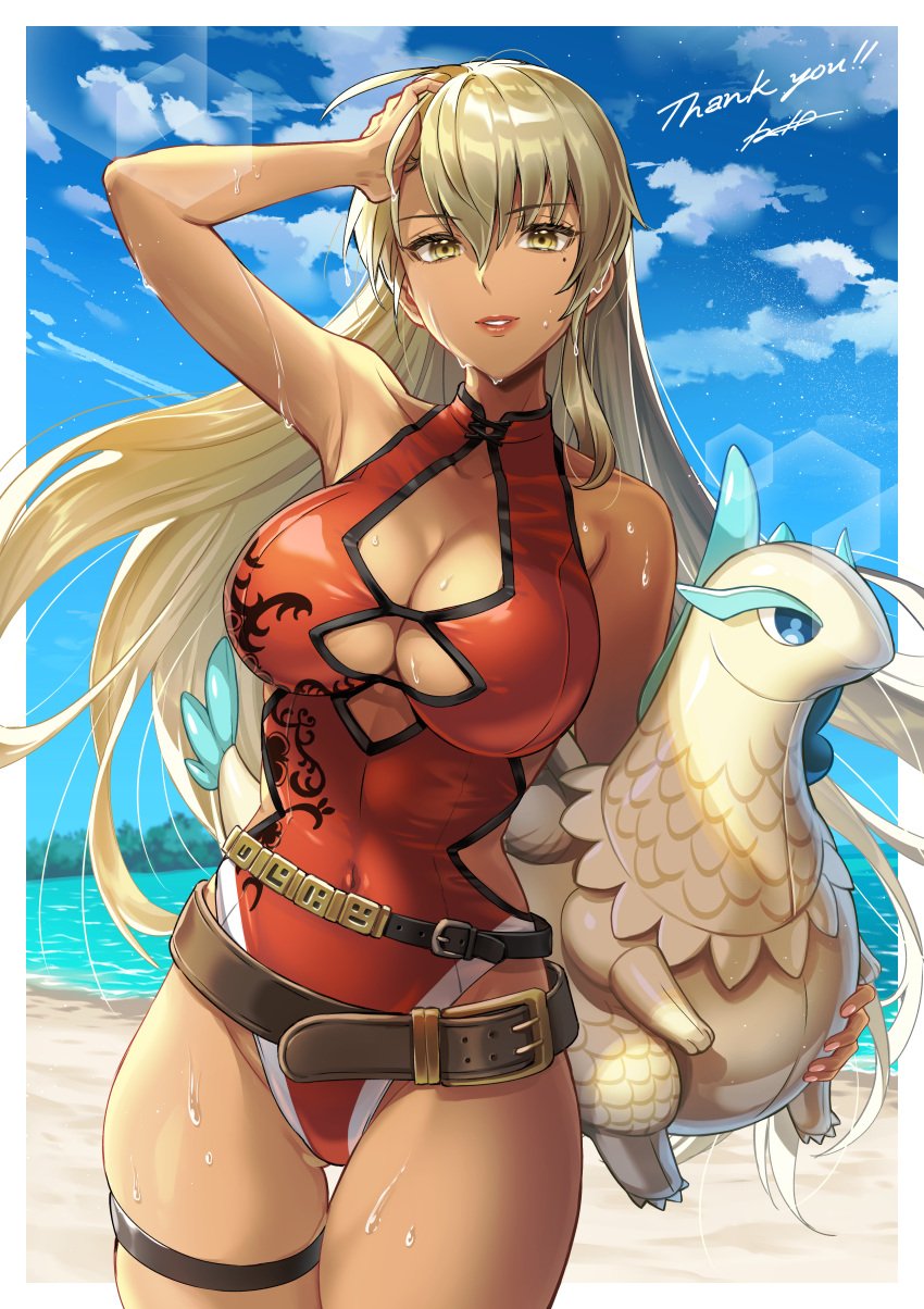 1girls absurdres alternate_costume bare_shoulders blonde_hair breasts cleavage commission dark_skin female fire_emblem fire_emblem:_the_binding_blade highres holding holding_toy huge_filesize igrene_(fire_emblem) inflatable_toy iria_(yumeirokingyo) large_breasts long_hair looking_at_viewer mole mole_under_eye nintendo one-piece_swimsuit red_one-piece_swimsuit red_swimsuit skeb_commission swimsuit toy yellow_eyes