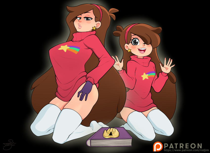 1girls arm_gloves book brown_hair disney disney_channel disney_xd earrings female female_only gravity_falls hair_ornament long_hair mabel_pines oversized_clothes rodjim smooth_skin solo thighhighs turtleneck_sweater