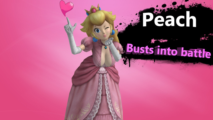 1girls 3d alternate_breast_size artist_request big_breasts blonde_hair blowing_kiss blue_eyes blush breasts busty character_name cleavage dress elbow_gloves english_text female female_only fully_clothed gloves hanging_breasts heart huge_breasts leaning_forward lipstick looking_at_viewer mario_(series) nintendo no_bra pink_background pink_dress pink_lipstick princess_peach simple_background solo standing super_smash_bros. super_smash_bros._brawl text voluptuous