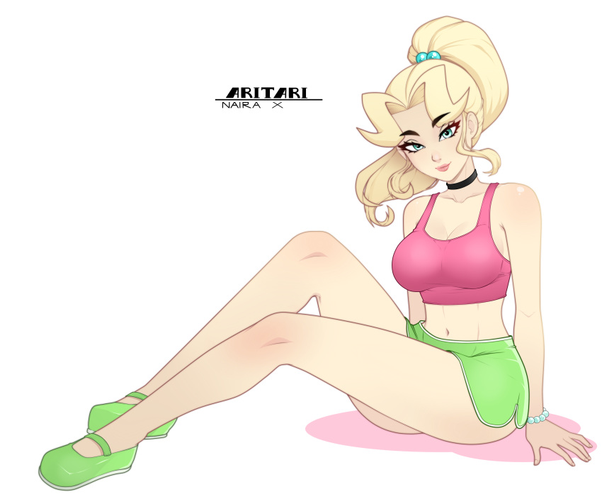 aritari_(rodjim) blonde_hair female female_focus green_shoes gym_shirt gym_shorts hair_ornament hands_on_floor long_hair long_legs rodjim