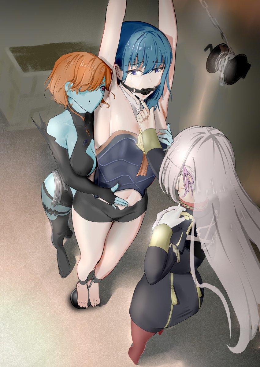 3girls ankle_cuffs armpits arms_up ass ball_and_chain ball_gag bare_arms bare_legs bare_midriff barefoot black_ball_gag blue_eyes blue_skin bondage bound breast_grab breasts byleth_(fire_emblem) byleth_(fire_emblem)_(female) captured caress chained_up chains cleavage clothed clothed_female crying crying_with_eyes_open cuffs dungeon edelgard_von_hresvelg female female_only femdom femsub finger_on_chin fire_emblem fire_emblem:_three_houses gag gagged garreg_mach_monastery_uniform hair_over_one_eye hand_on_another's_face kronya_(fire_emblem) long_hair medium_breasts medium_hair multiple_doms multiple_girls nintendo orange_hair popiiporoo red_eyes restrained short_hair shorts smile suspension suspension_bondage teal_hair white_hair yuri