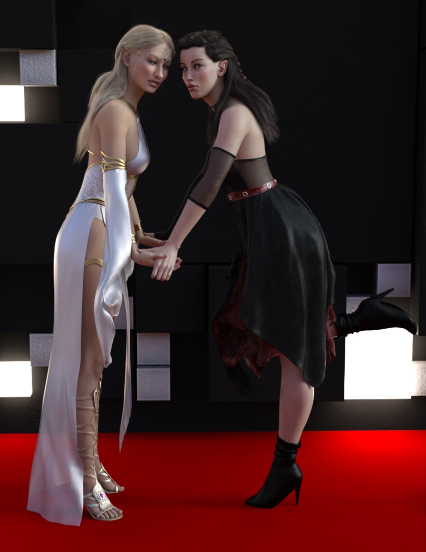 2girls 3d 3d_(artwork) arwen_undomiel boots daz3d daz_3d daz_studio dress elf elf_ears elf_female female female_only galadriel high_heels lord_of_the_rings multiple_girls pin3d