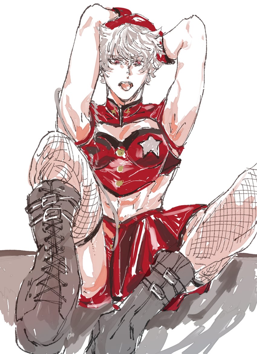 1boy argonavis_from_bang_dream! arms_behind_head asahi_nayuta boots crossdressing crossdressing_male fishnet_stockings red_clothing red_eyes skirt tongue_out white_hair