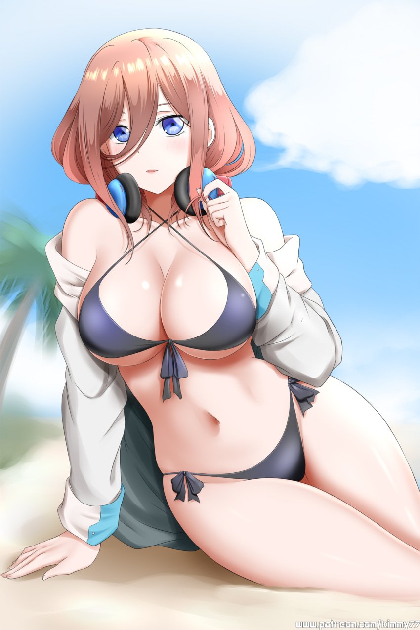 1girls arm_support bangs beach bikini black_bikini blue_eyes blue_sky blush breasts brown_hair cleavage cloud female front-tie_bikini front-tie_top go-toubun_no_hanayome hair_between_eyes headphones headphones_around_neck highres kimmy77 large_breasts long_hair looking_at_viewer nakano_miku navel off_shoulder palm_tree parted_lips patreon_username playing_with_own_hair sand shirt side-tie_bikini sitting sky solo swimsuit tree white_shirt