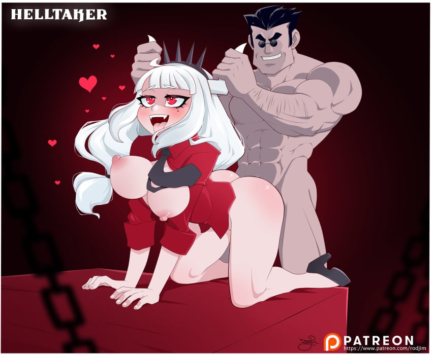 1boy ass bangs bouncing_breasts breasts demon_girl doggy_style dress_shirt happy_sex helltaker helltaker_(character) high_heels horn_grab long_hair lucifer_(helltaker) male naked_shirt pulling_horns rodjim tie white_hair