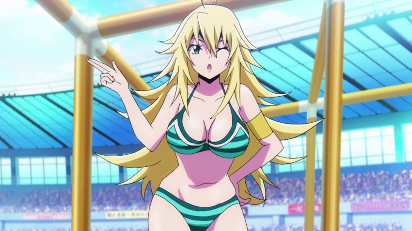 1girls big_breasts bikini blonde_hair blowing_kiss blue_eyes breasts female female_only green_bikini hand_on_hip keijo!!!!!!!! large_breasts leaning_forward mio_kusakai navel one_eye_closed screencap solo wink