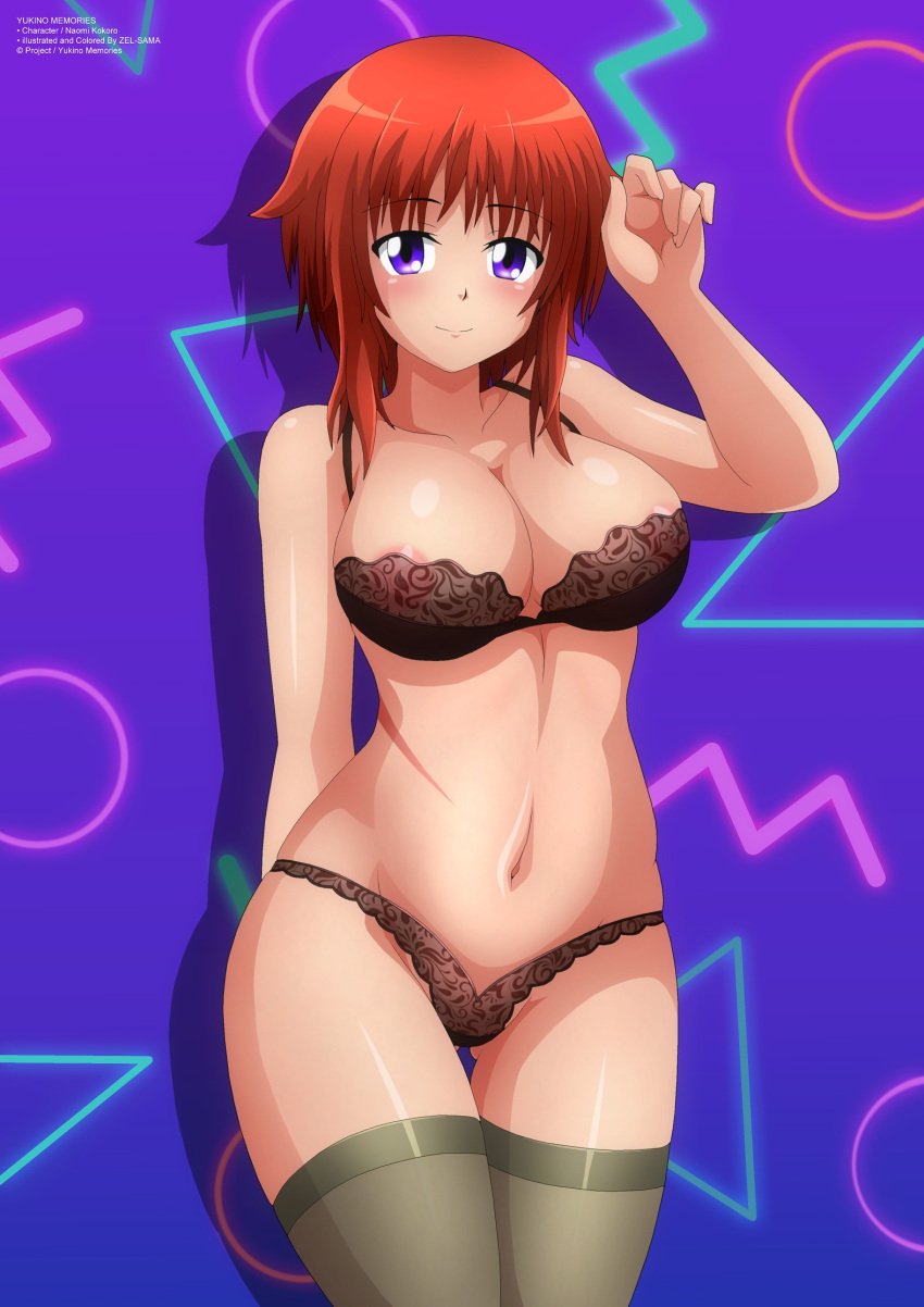 1girls areolae big_breasts black_bra black_panties blush bra breasts cleavage female female_only hips large_breasts lingerie looking_at_viewer naomi_kokoro navel nipples nipples_visible_through_clothing orange_hair panties purple_eyes short_hair smile stockings thighs underwear underwear_only yukino_memories zel-sama