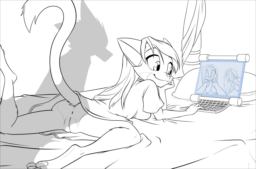 ailurid anthro anus bast_(dreamkeepers) bed being_watched black-kitten bottomless breasts casual_exposure clothed clothing comic computer domestic_cat dreamkeepers felid feline felis female fur furniture genitals group hair hi_res jeneviv kalei_(dreamkeepers) lilith_calah looking_at_another mammal pawpads pillow pussy red_panda shirt shirt_only silhouette sketch smile tank_top topwear topwear_only