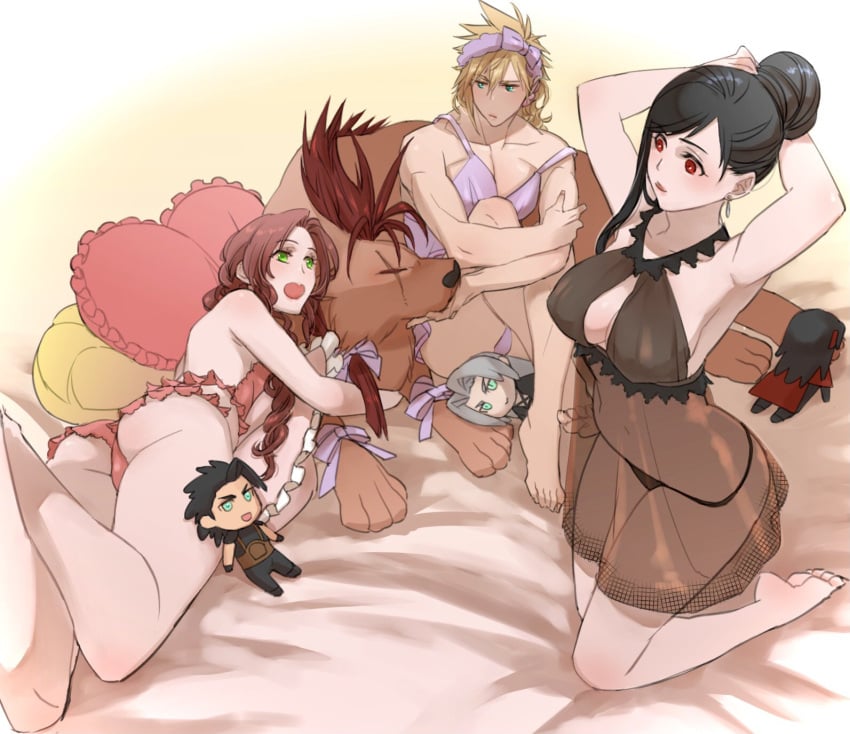 1boy 2girls aerith_gainsborough ass black_hair black_lingerie black_nightgown black_panties blonde_hair blue_eyes braided_ponytail breasts brown_hair character_doll cloud_strife crossdressing earrings final_fantasy final_fantasy_vii green_eyes hairbow hairbun heart_pillow large_breasts lingerie midriff navel nightgown on_bed panties pillow pink_lingerie pink_nightgown pink_panties plushie ponytail purple_lingerie purple_nightgown purple_panties red_eyes red_xiii ryouto see-through sephiroth spiky_hair tifa_lockhart vincent_valentine zack_fair