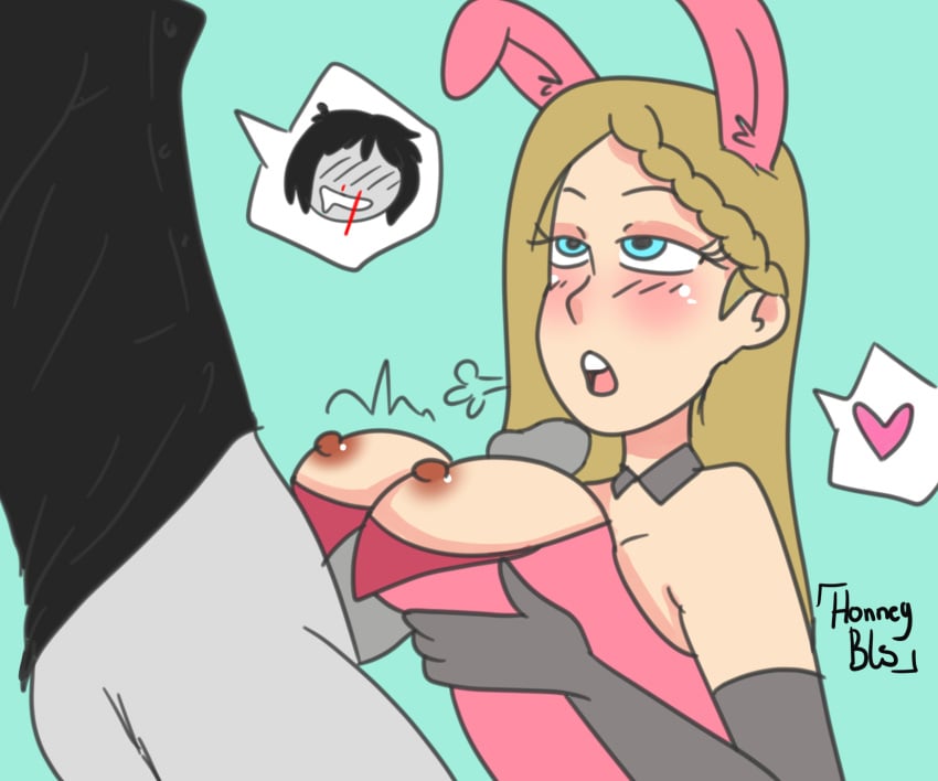 big_breasts blonde_hair blue_eyes boobjob bunny_ear bunny_girl bunnysuit embarrassed fhs fhsz3r0 fnafhs fnafhs_z3ro fred_(fnafhs) homerbls joy_(fnafhs) long_hair male paizuri pale-skinned_male pale_skin