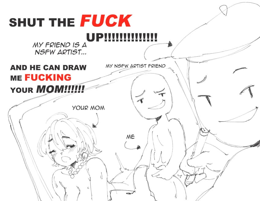 1girls 2boys artist_request beret blush comedic drawing drawing_tablet earrings english_text funny hetero humor meme milf mother motherly_cuckold pearl_necklace silly simple_background sketch smirk smug straight stylus thumbs_up white_background your_mom