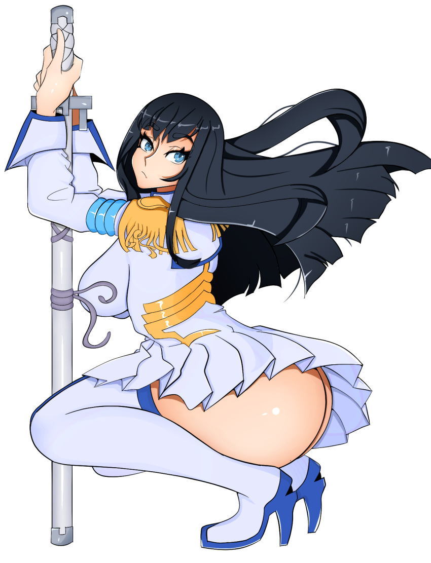 1girls alysianarts ass big_ass black_hair blue_eyes clothed dress eyelashes female female_only heel_boots heels high_heel_boots high_heels kill_la_kill kiryuuin_satsuki long_hair looking_at_viewer plain_background scabbard skirt solo squatting sword thick_thighs thigh_boots thong upskirt white_background